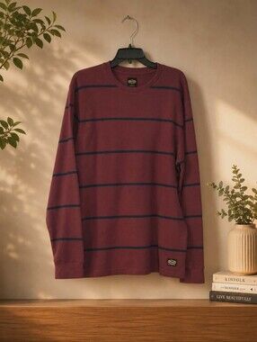 RVCA Waffle Knit Thermal Shirt Mens XL Burgundy Navy Stripe Long Sleeve Crewneck